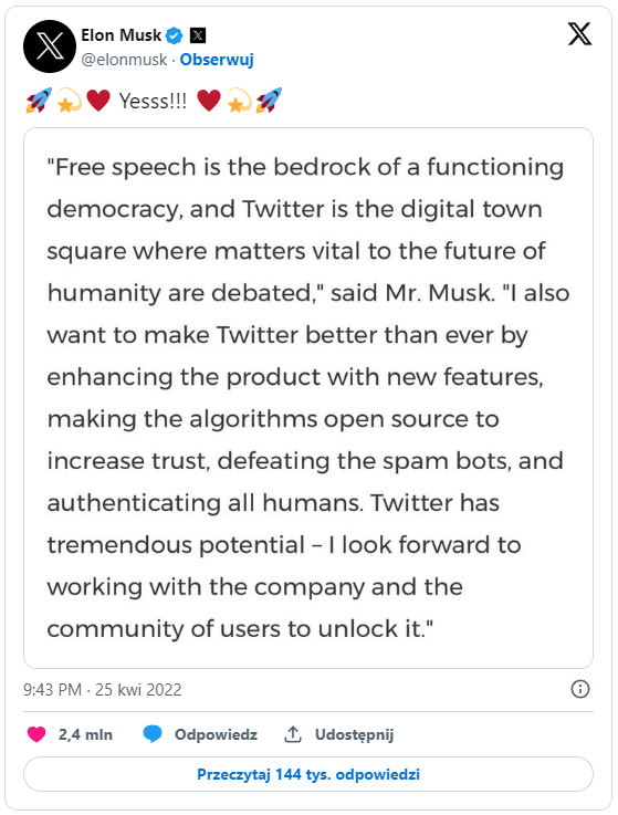 Elon Musk, Twitter, wolność słowa