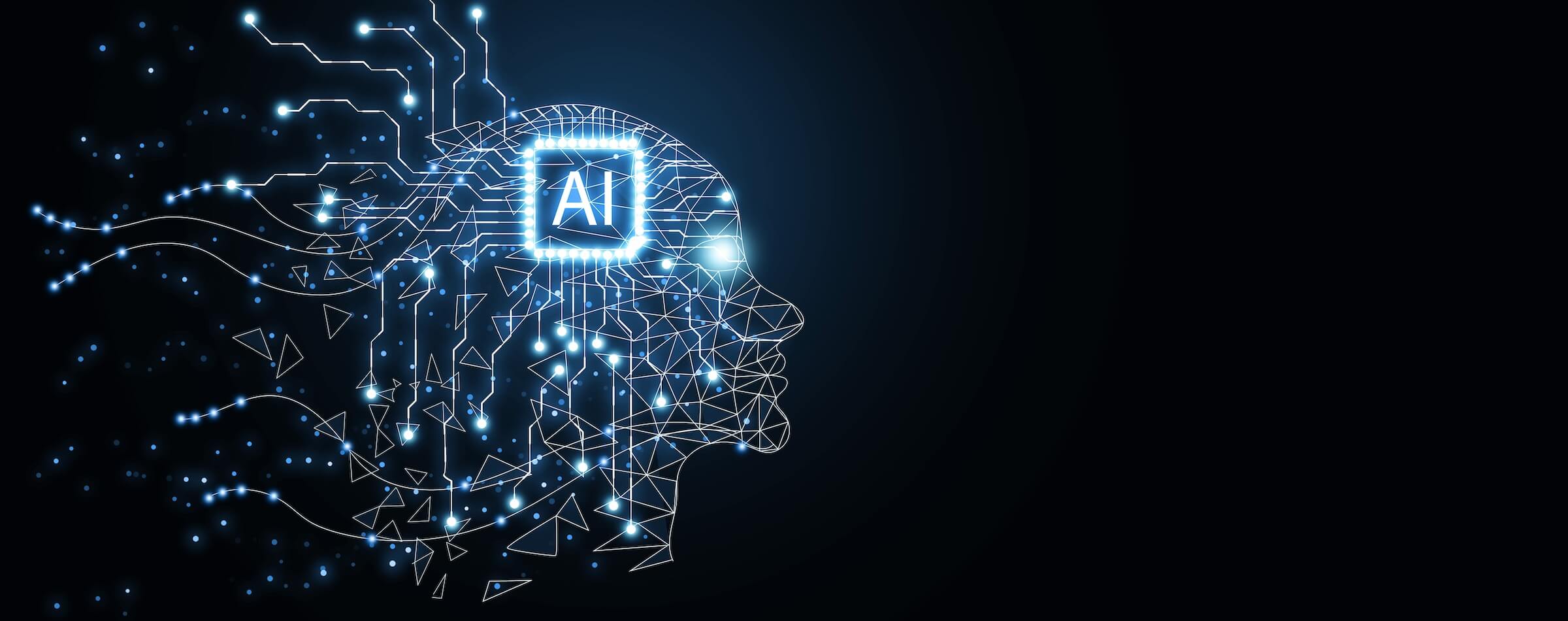 AI sztuczna inteligencja. Ai mózg i umysł. Humanoidalna twarz robota z wielokątów