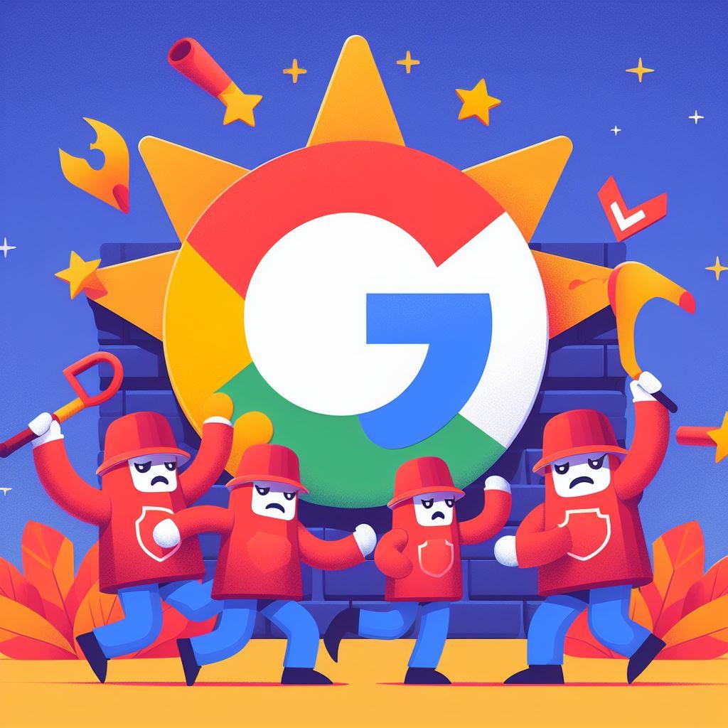 Cztery postacie w czerwonych strojach i z czerwonymi kapeluszami tańczą wokół wielkiego, kolorowego logo Google.