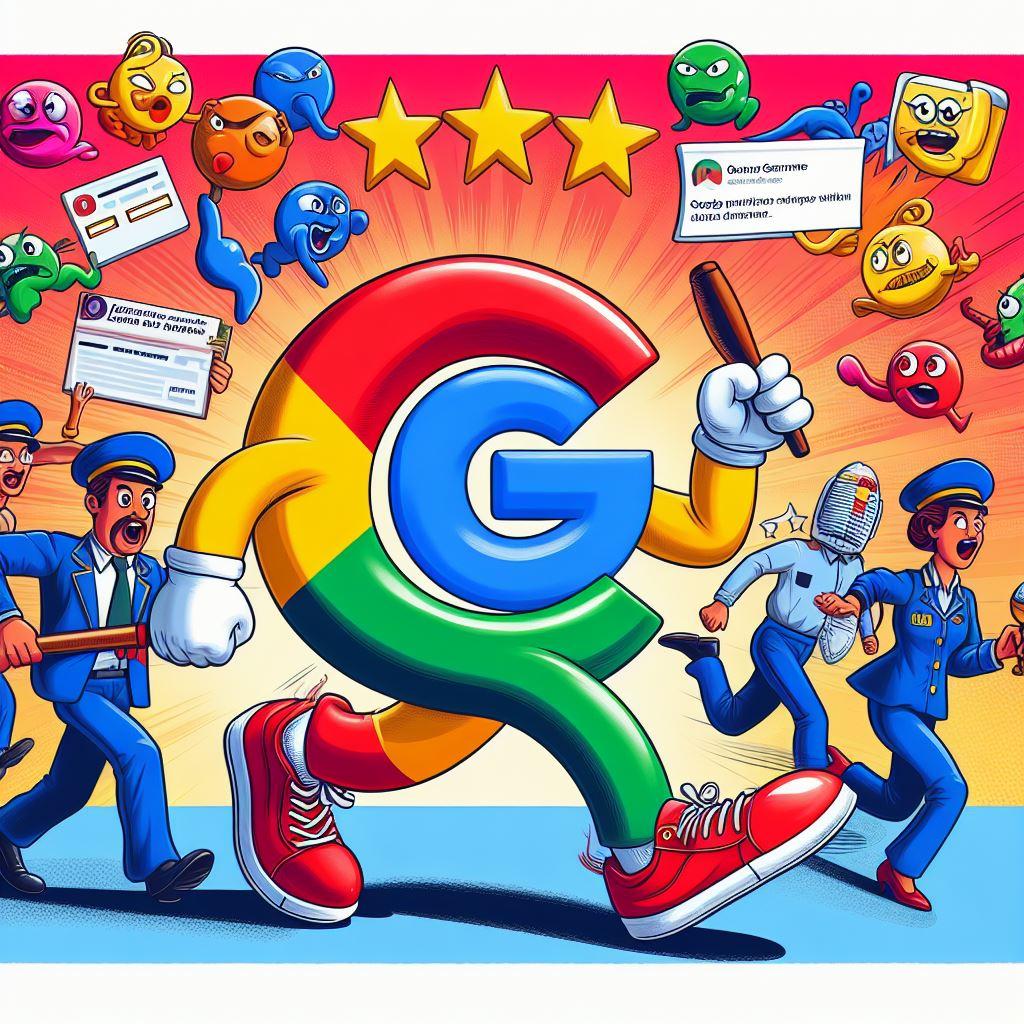 Grafika, kolorowa postać Google “G” w czerwonym, żółtym, zielonym i niebieskim kolorze. Jest to antropomorficzne logo Google, które biegnie w czerwonych butach sportowych.
