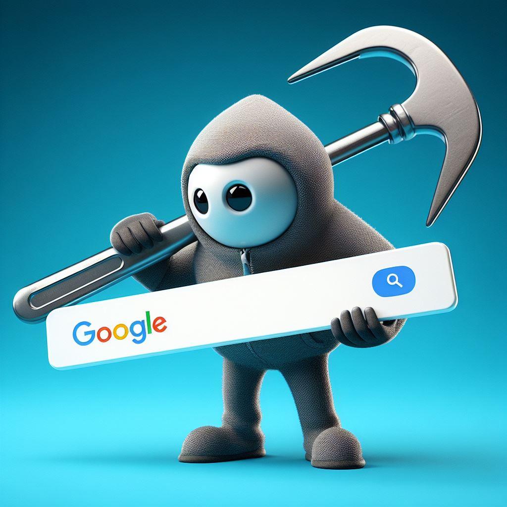 Ilustracja, postać w kapturze trzymającą wielki hak i belkę z logo Google oraz polem wyszukiwania