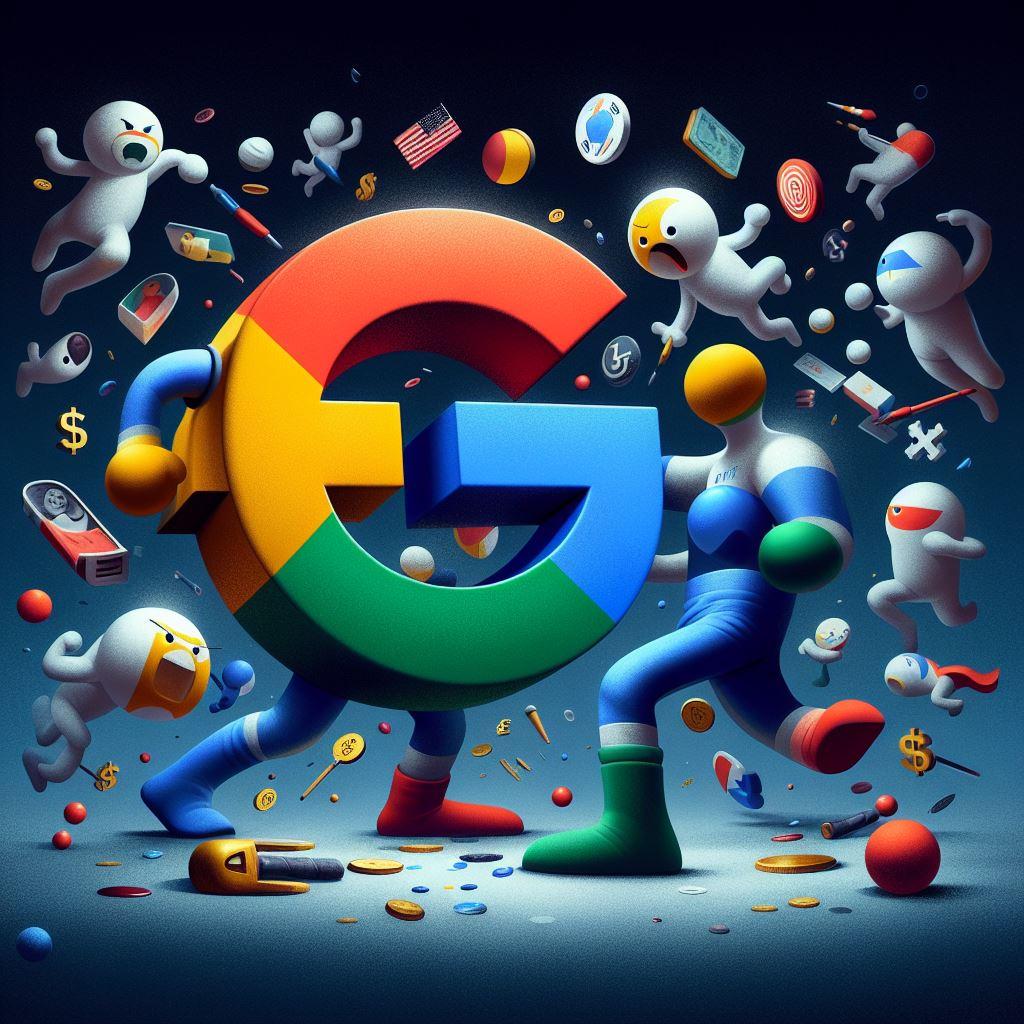 kolorowy, stylizowany logotyp Google, otoczony różnymi elementami i postaciami