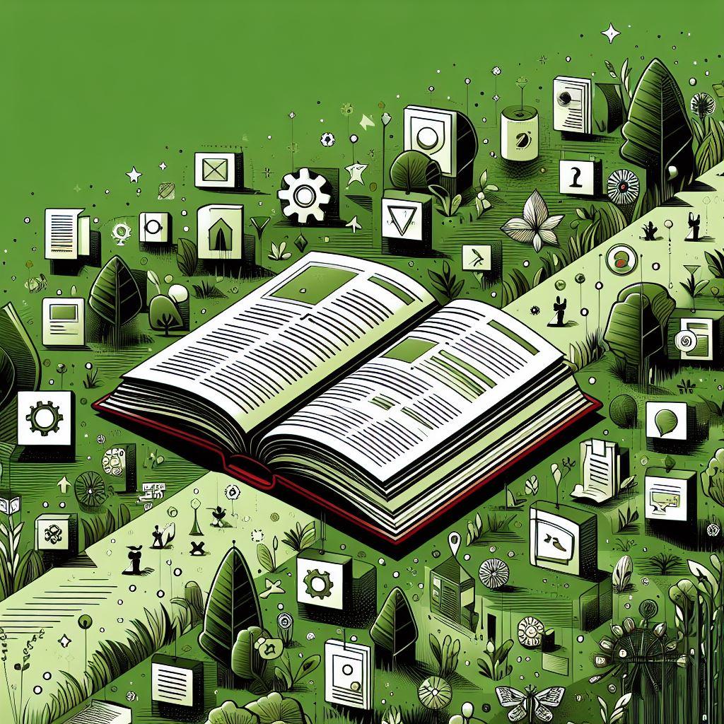 otwarta książka pośrodku zielonego krajobrazu, otoczona różnymi ikonami reprezentującymi różne rodzaje mediów i treści