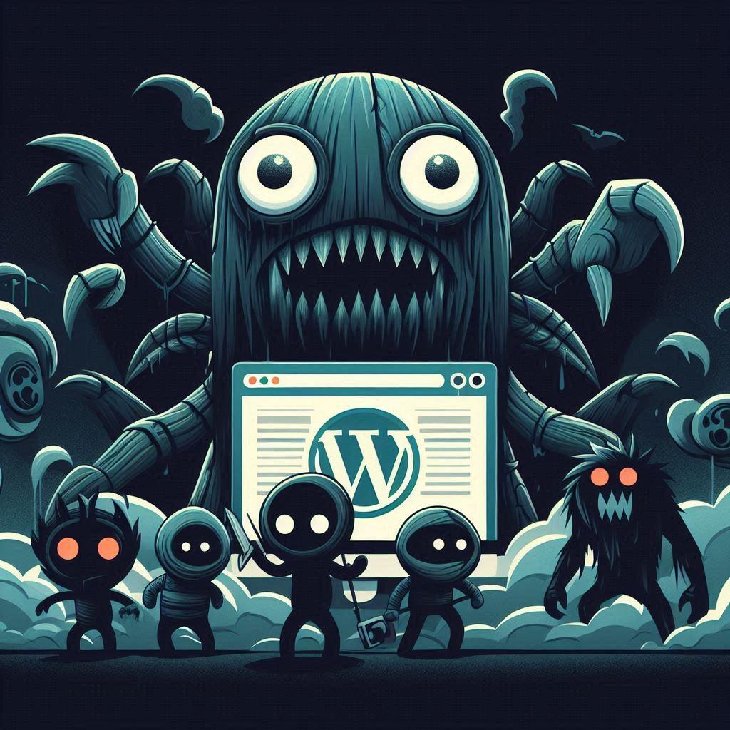 Postacie przypominające potwory i duchy, które stoją za logiem WordPressa, koncepcja zagrożeń w WordPressie