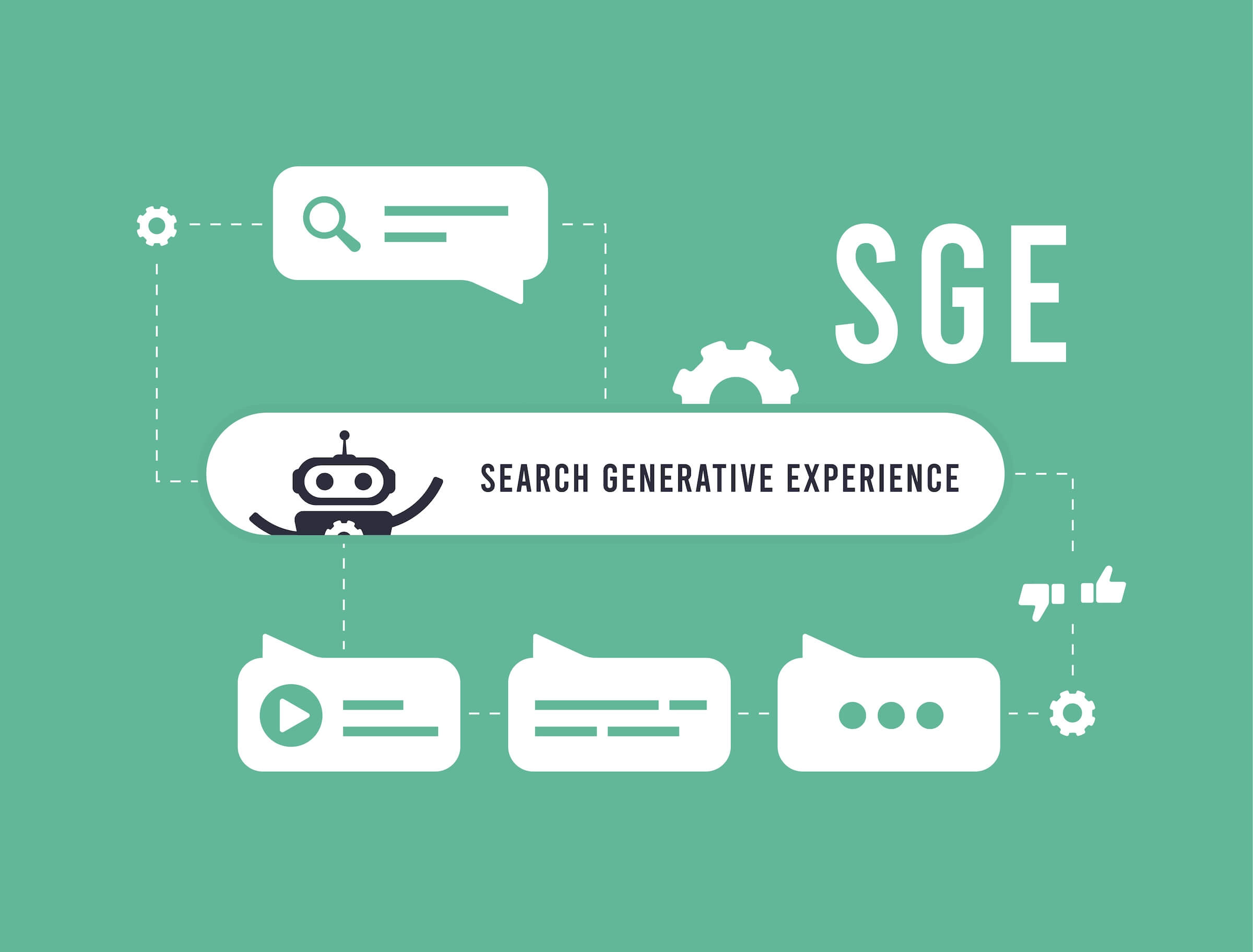 SGE - koncepcja generatywnego doświadczenia wyszukiwania. Generacyjne wyszukiwanie oparte na sztucznej inteligencji. Ilustracja wektorowa na zielonym tle z ikonami